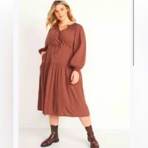 Old Navy Waist-Defined Prairie Long-Sleeve Midi Dress Brown Cottagecore XXL
